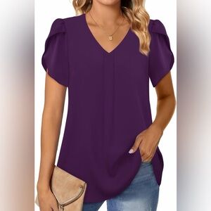 Gaharu Purple Chiffon Tulip Sleeve Blouse XL V-Neck Flowy Top